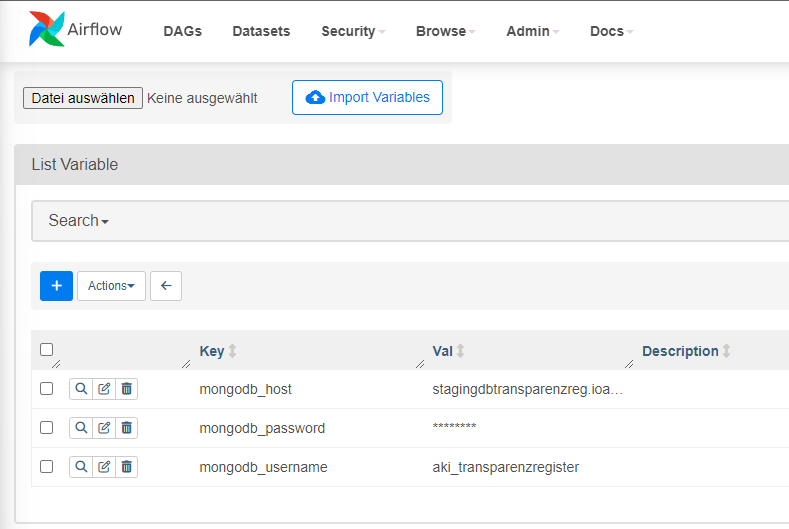 Verwaltungsoberfläche von Variablen in
Airflow